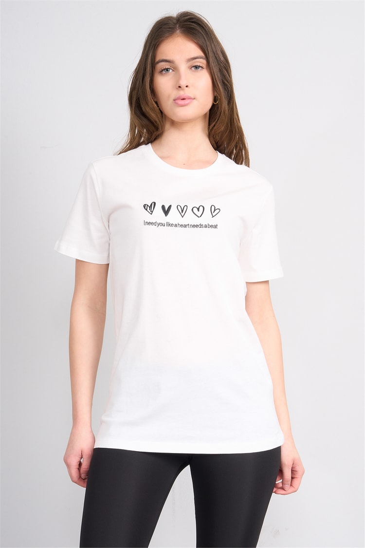Çetinkaya Fithit 8956 Bayan Bisiklet Yaka Penye Regular Nakışlı T-shirt Krem