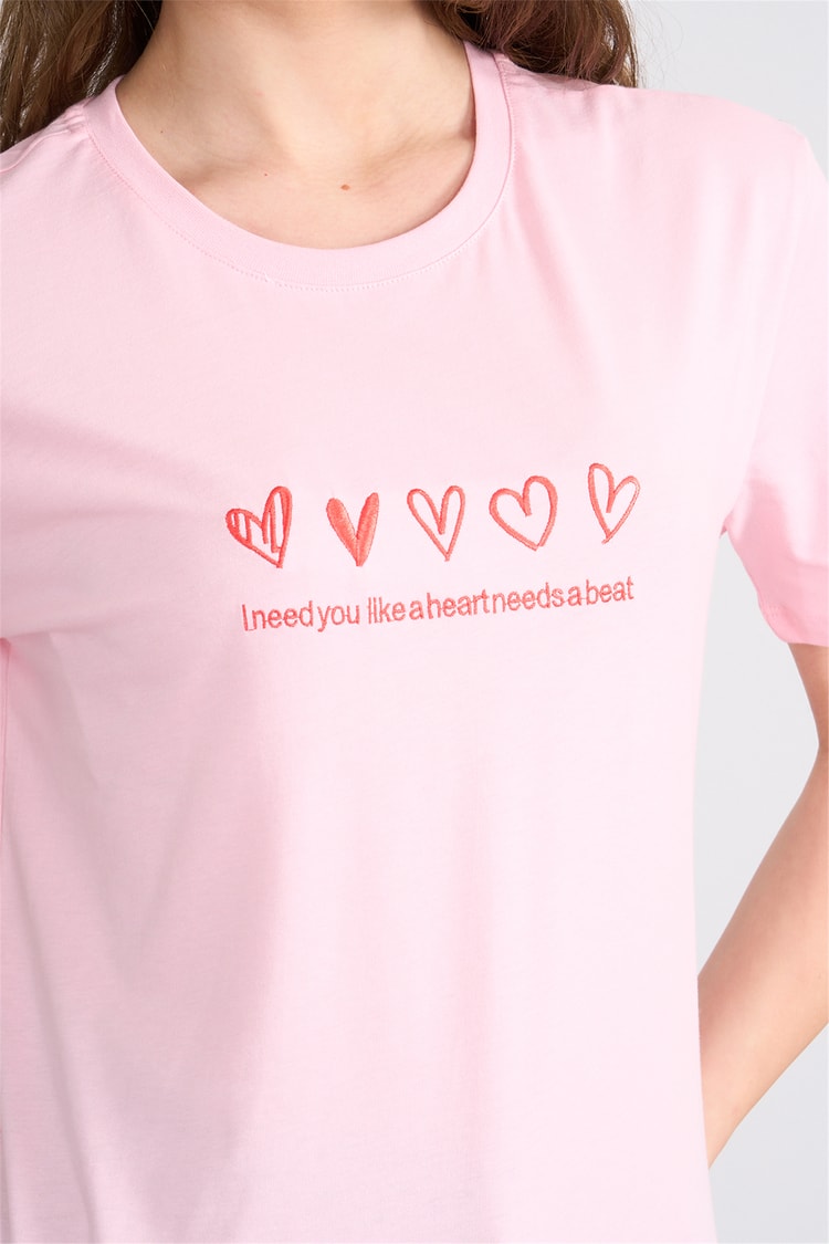Çetinkaya Fithit 8956 Bayan Bisiklet Yaka Penye Regular Nakışlı T-shirt Açık Pembe