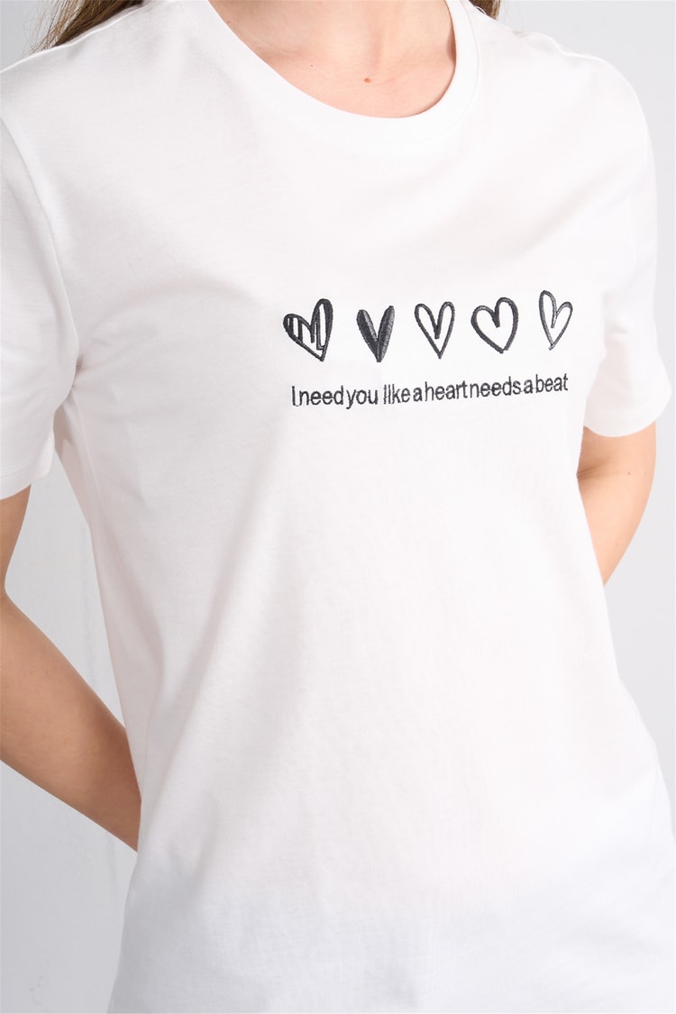 Çetinkaya Fithit 8956 Bayan Bisiklet Yaka Penye Regular Nakışlı T-shirt Krem