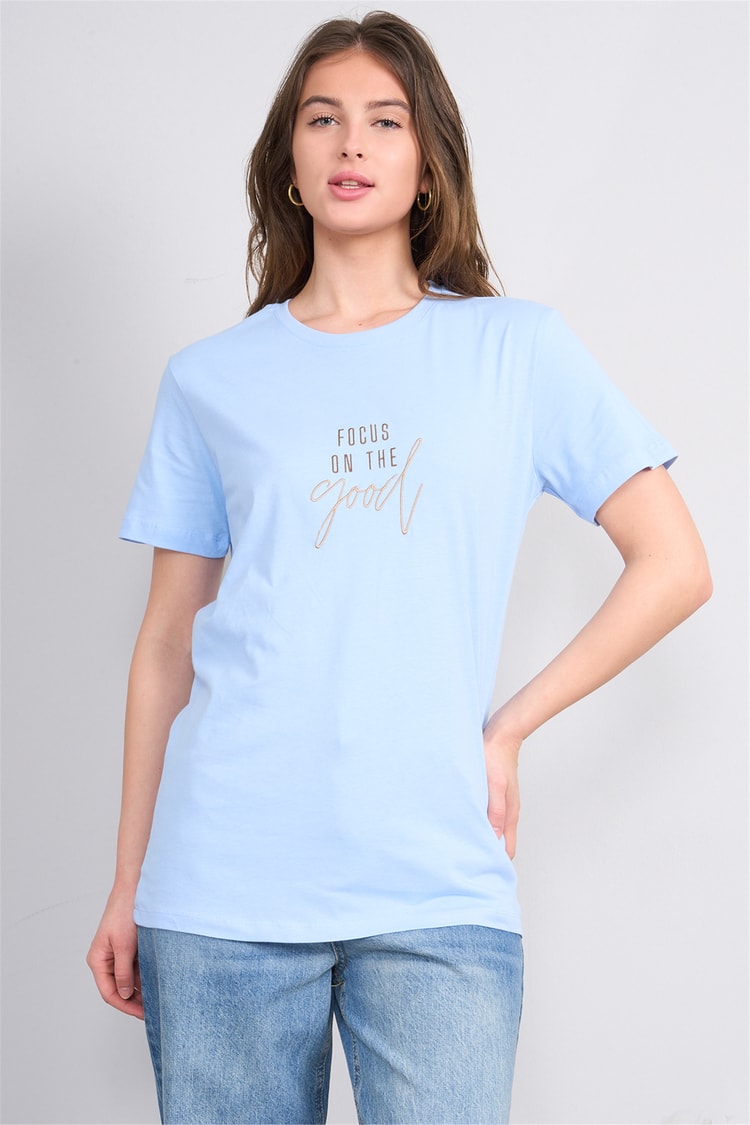Çetinkaya Fithit 8957 Bayan Bisiklet Yaka Regular Nakışlı T-shirt Bebe Mavi
