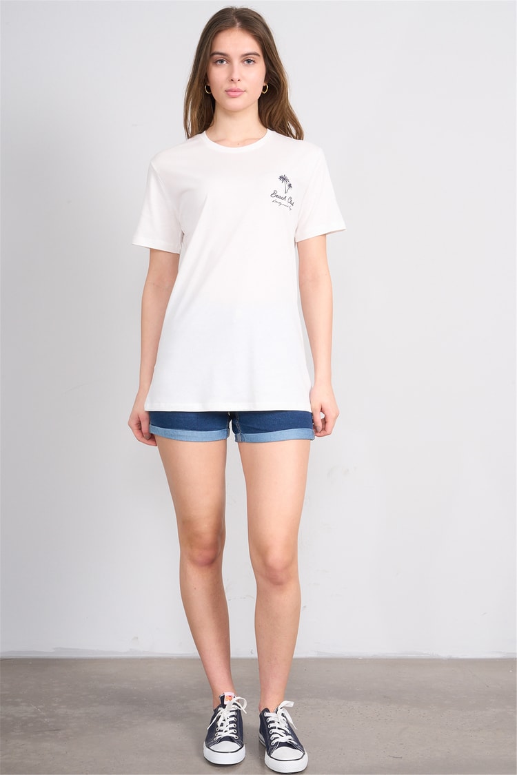 Çetinkaya Fithit 8958 Bayan Bisiklet Yaka Regular Baskılı T-shirt Krem
