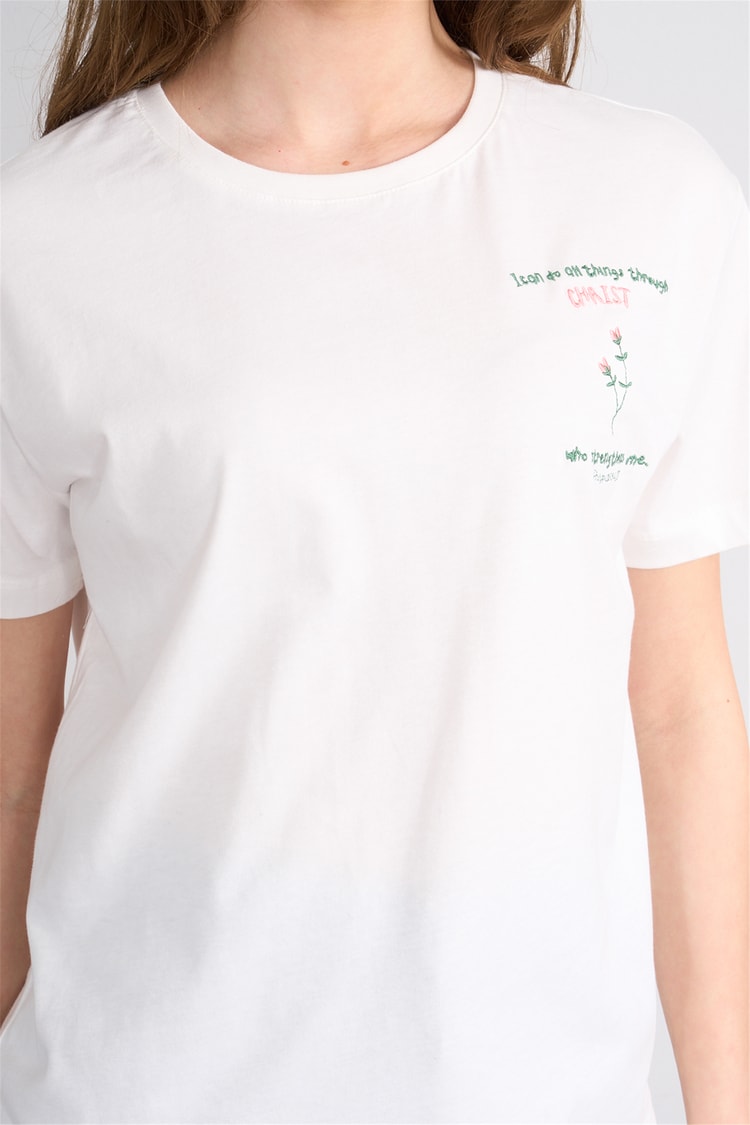 Çetinkaya Fithit 8960 Bayan Bisiklet Yaka Regular Nakışlı T-shirt Krem