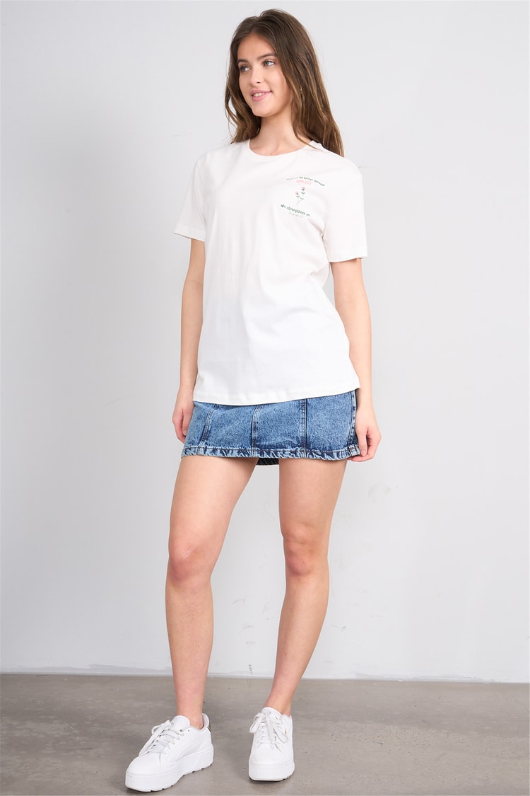 Çetinkaya Fithit 8960 Bayan Bisiklet Yaka Regular Nakışlı T-shirt Krem