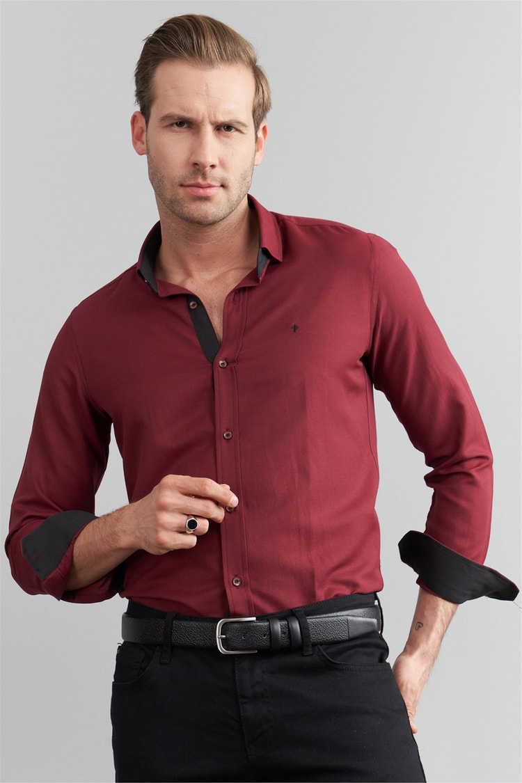 Çetinkaya Mentality 1889 Oxford Uzun Kol Slim Fit Bordo Gömlek