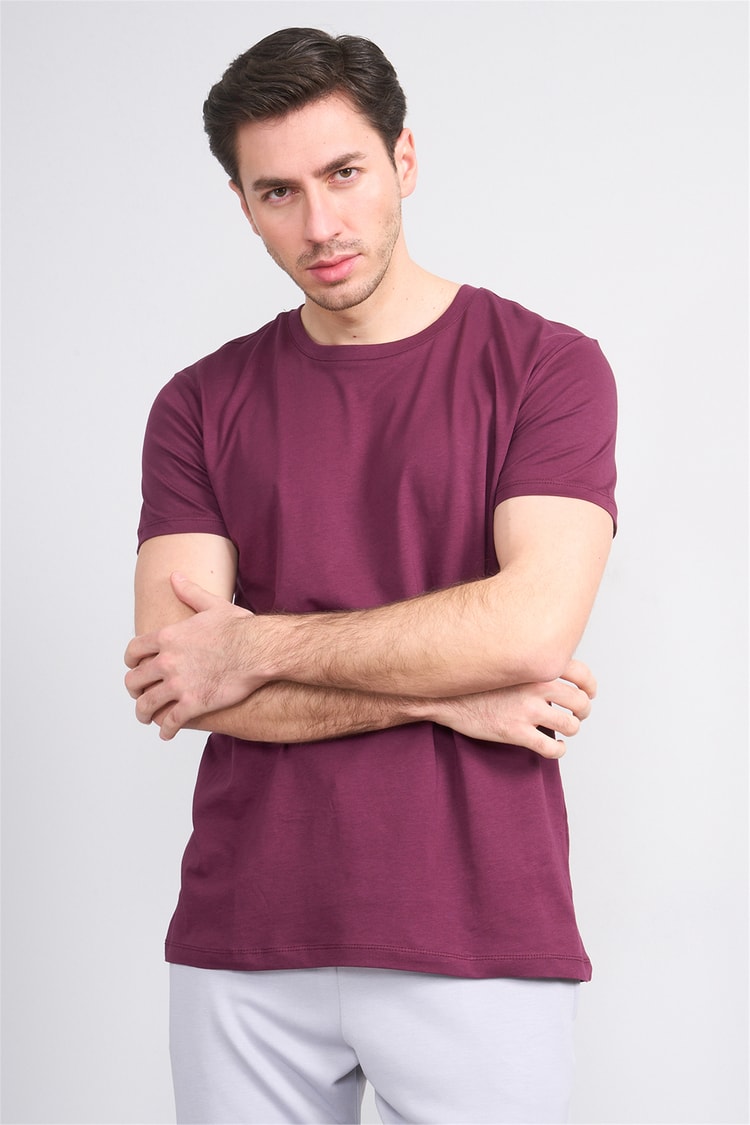 Çetinkaya Mentality 2772 Bisiklet Yaka Slimfit Basic T-shirt Mürdüm