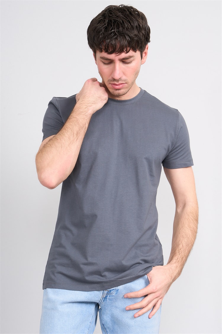 Çetinkaya Mentality 2772 Bisiklet Yaka Slimfit Basic T-shirt Düz Koyu Gri