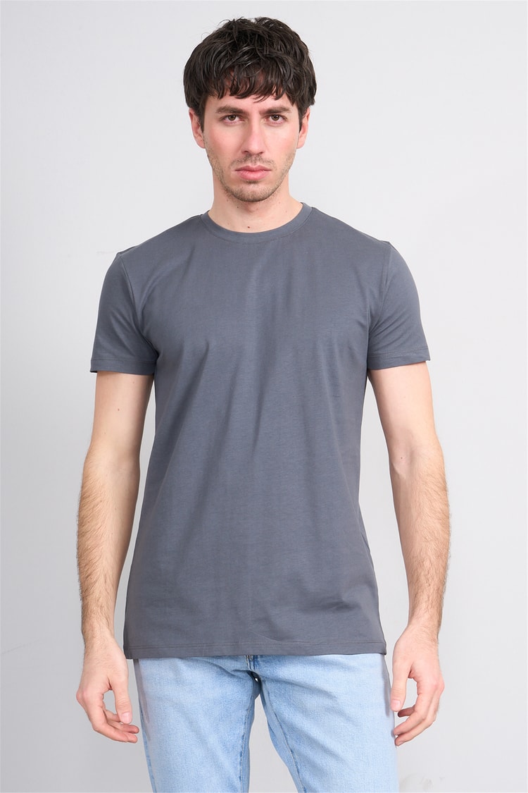 Çetinkaya Mentality 2772 Bisiklet Yaka Slimfit Basic T-shirt Düz Koyu Gri
