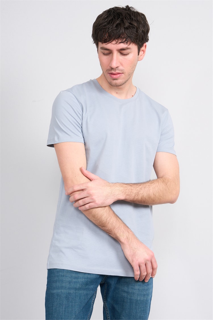 Çetinkaya Mentality 2772 Bisiklet Yaka Slimfit Basic T-shirt Düz Açık Gri