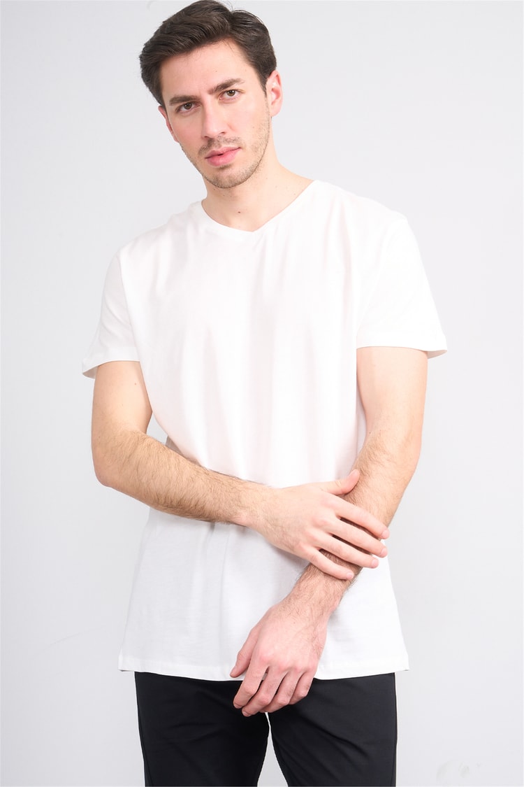 Çetinkaya Mentality 2772 V Yaka Slimfit Basic T-shirt Krem
