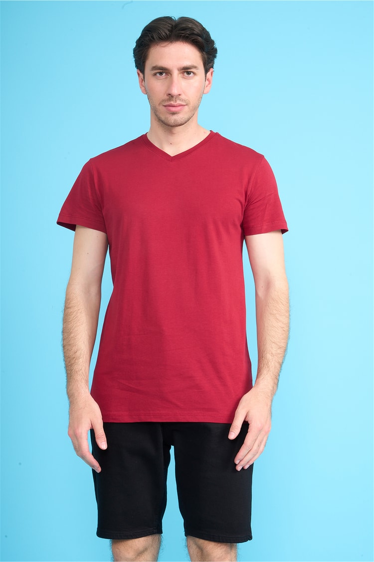 Çetinkaya Mentality 2772 V Yaka Slimfit Basic T-shirt Bordo