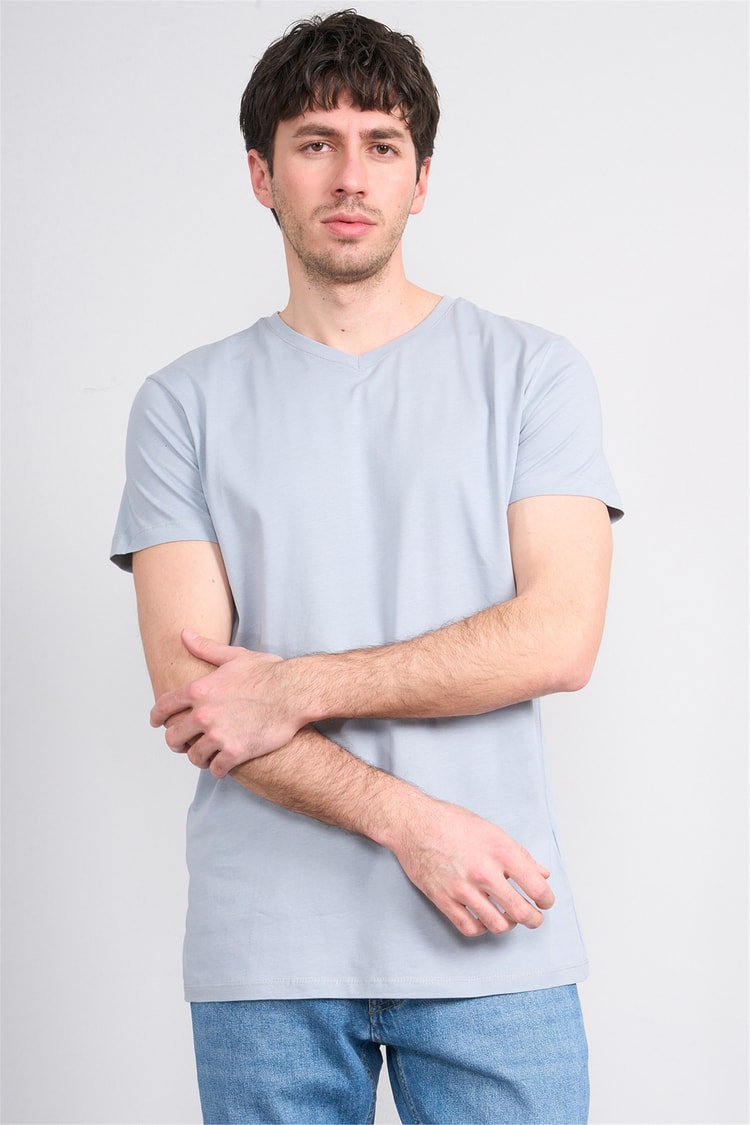 Çetinkaya Mentality 2772 V Yaka Slimfit Basic T-shirt Düz Açık Gri