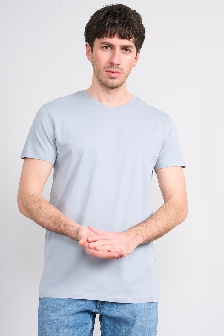 Çetinkaya Mentality 2772 V Yaka Slimfit Basic T-shirt Düz Açık Gri