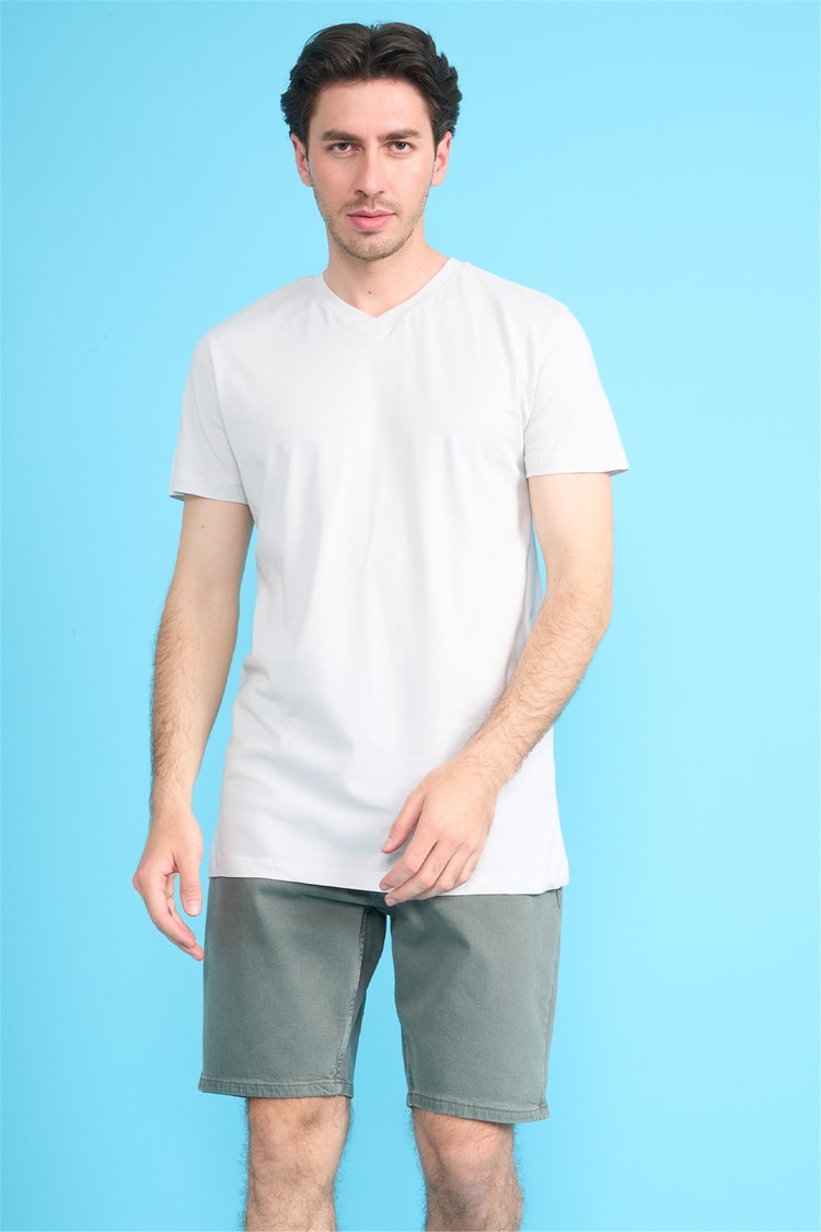 Çetinkaya Mentality 2772 V Yaka Slimfit Basic T-shirt Taş