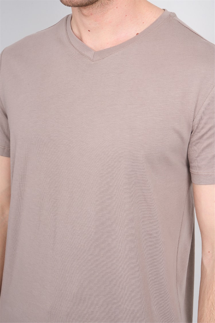 Çetinkaya Mentality 2772 V Yaka Slimfit Basic T-shirt Koyu Vizon