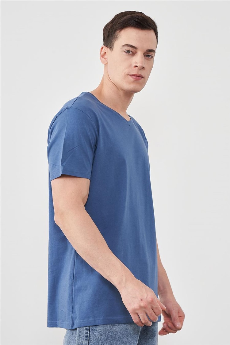 Çetinkaya Mentality 2772V -S V Yaka Basic T-Shirt İndigo %100 Pamuk