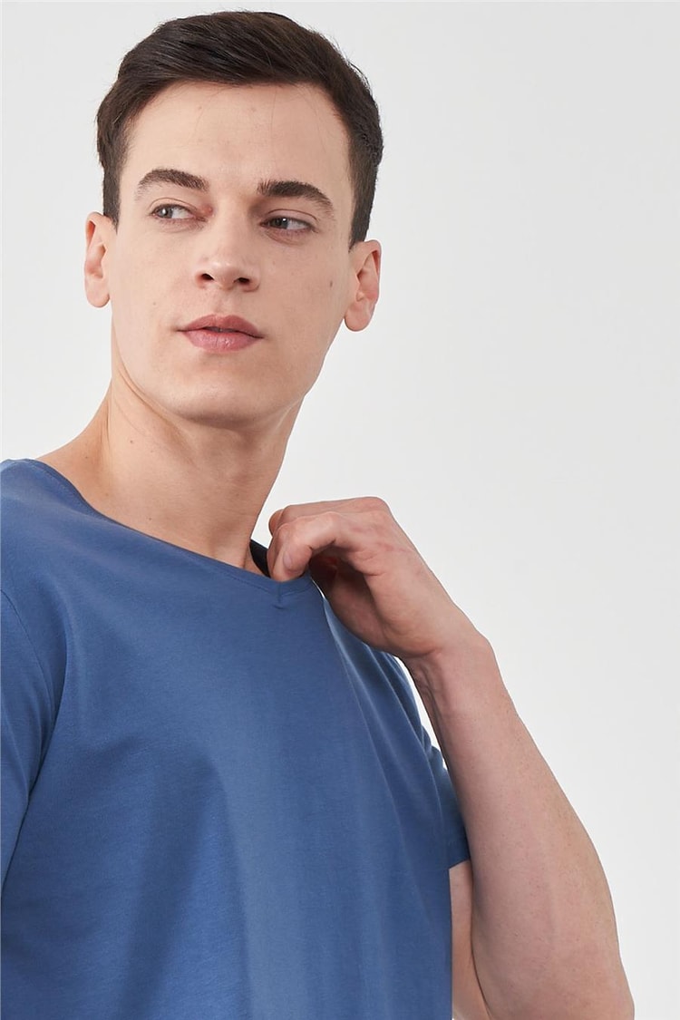 Çetinkaya Mentality 2772V -S V Yaka Basic T-Shirt İndigo %100 Pamuk
