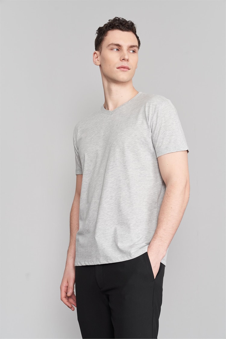 Çetinkaya Mentality 2772V -S V Yaka Basic T-Shirt Gri Melanj