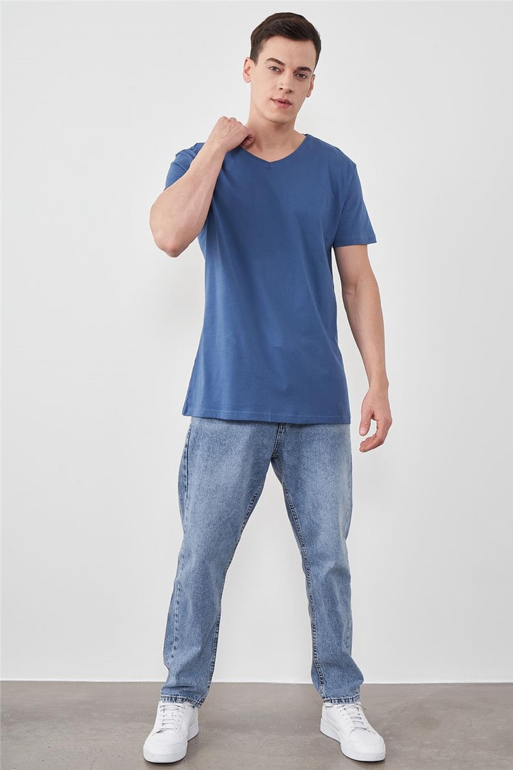 Çetinkaya Mentality 2772V -S V Yaka Basic T-Shirt İndigo %100 Pamuk