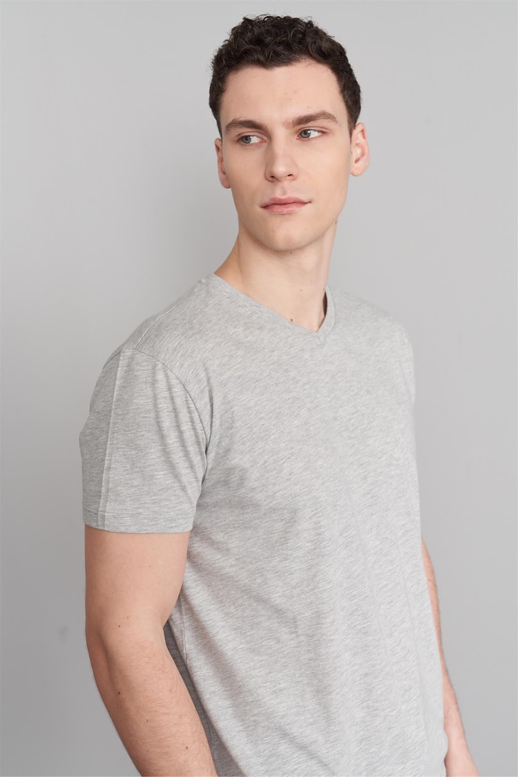 Çetinkaya Mentality 2772V -S V Yaka Basic T-Shirt Gri Melanj