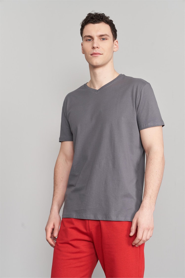 Çetinkaya Mentality 2772V V Yaka Basic Koyu Gri T-Shirt