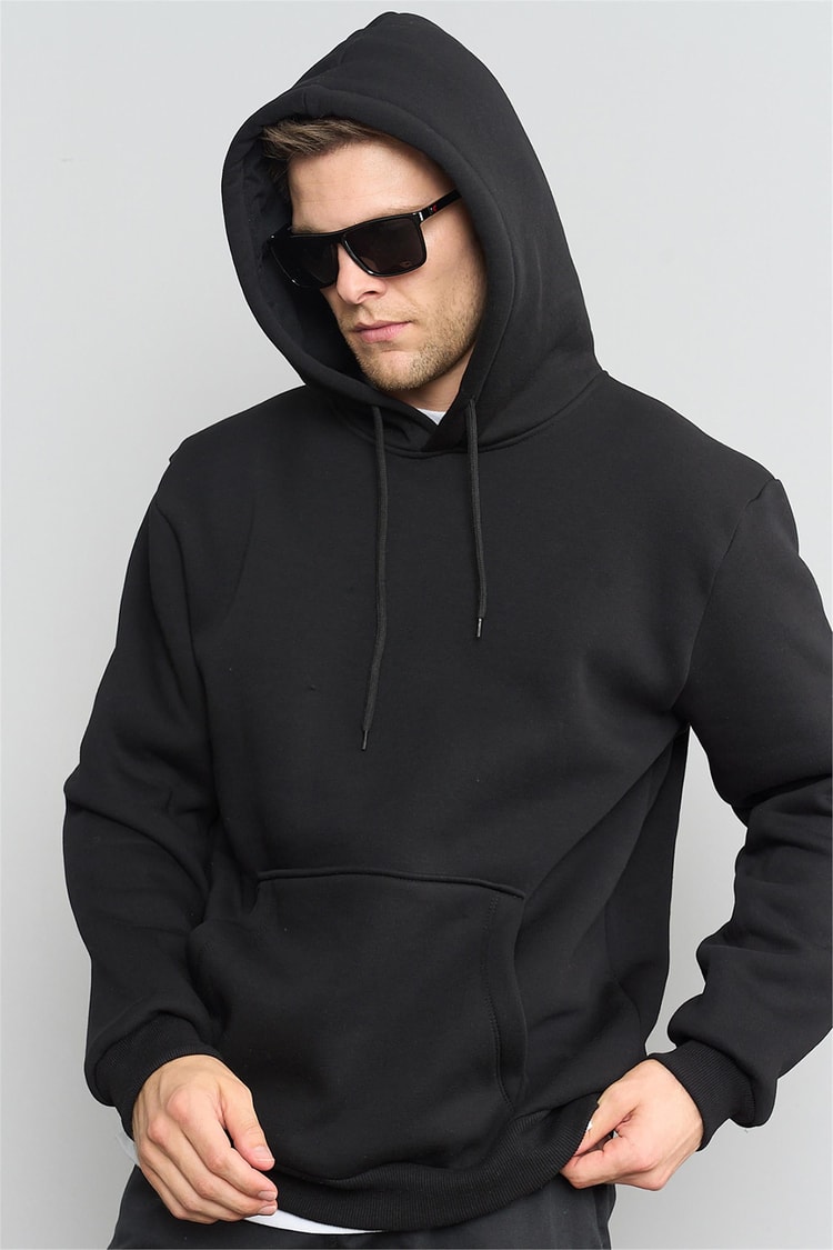 Çetinkaya Mentality 3035 3 İplik Kapüşonlu Siyah Sweatshirt