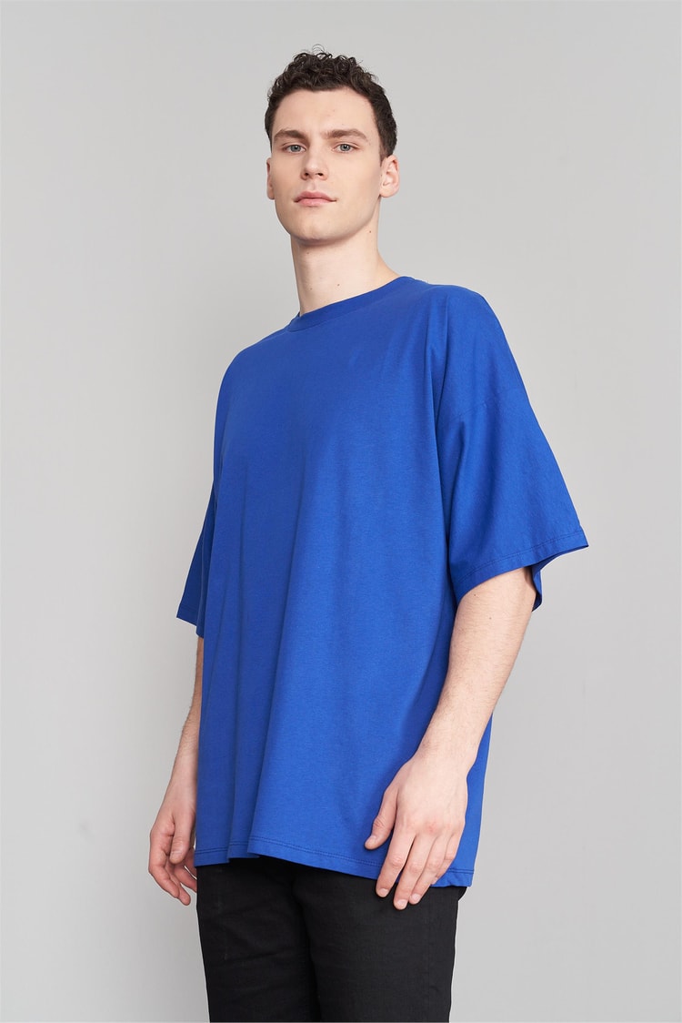 Çetinkaya Mentality 3041 Erkek Bisiklet Yaka Oversize Baskılı T-Shirt Açık Saks