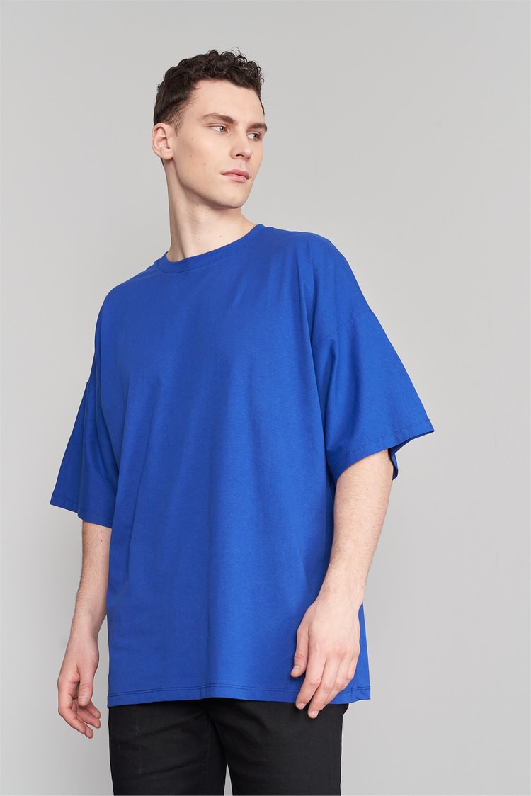 Çetinkaya Mentality 3041 Erkek Bisiklet Yaka Oversize Baskılı T-Shirt Açık Saks