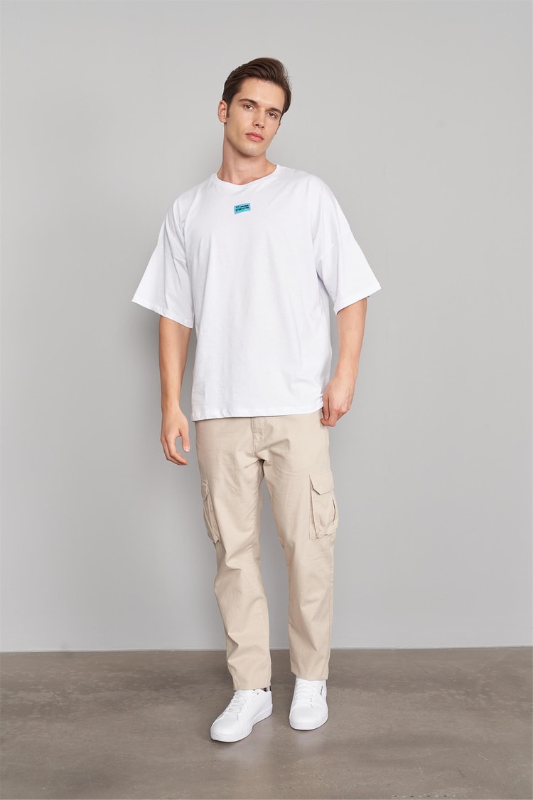 Çetinkaya Mentality 3079 Erkek Bisiklet Yaka Düşük Omuz Oversize Kalıp T-Shirt Beyaz