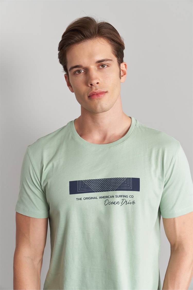 Çetinkaya Mentality 3109 Bisiklet Yaka Penye Slim Fit T-Shirt Eski Yeşil