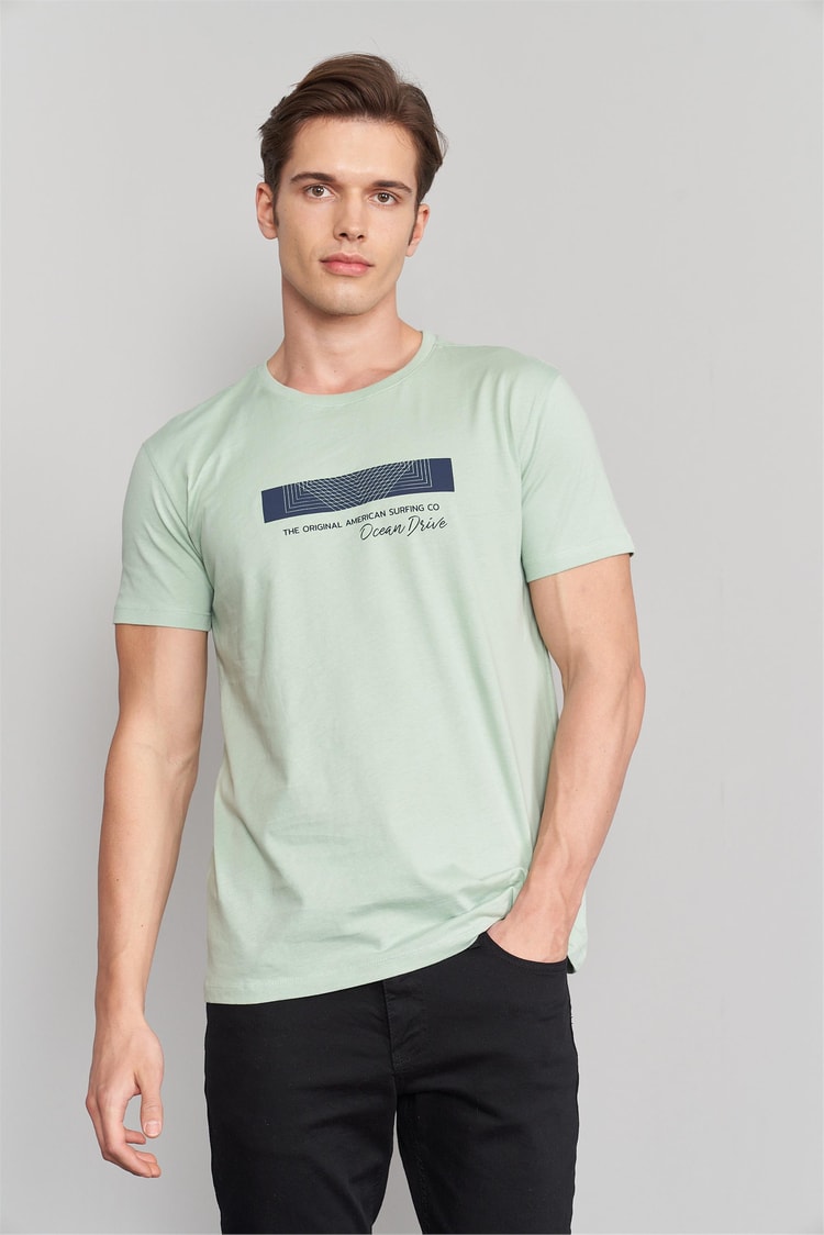 Çetinkaya Mentality 3109 Bisiklet Yaka Penye Slim Fit T-Shirt Eski Yeşil