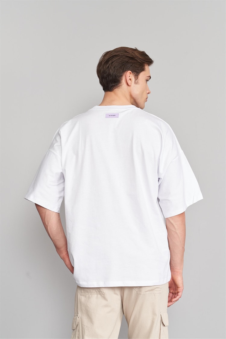 Çetinkaya Mentality 3147 Erkek Bisiklet Yaka Oversize T-Shirt Beyaz