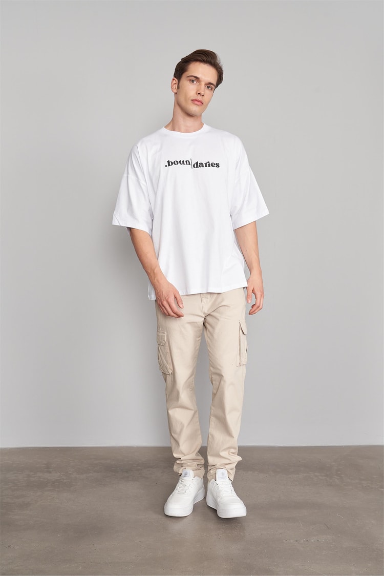 Çetinkaya Mentality 3147 Erkek Bisiklet Yaka Oversize T-Shirt Beyaz