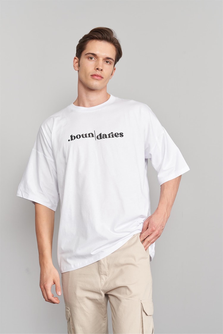 Çetinkaya Mentality 3147 Erkek Bisiklet Yaka Oversize T-Shirt Beyaz