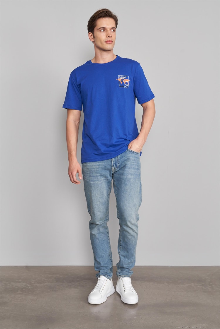 Çetinkaya Mentality 3185 Erkek Bisiklet Yaka Regular Baskılı T-Shirt Açık Saks
