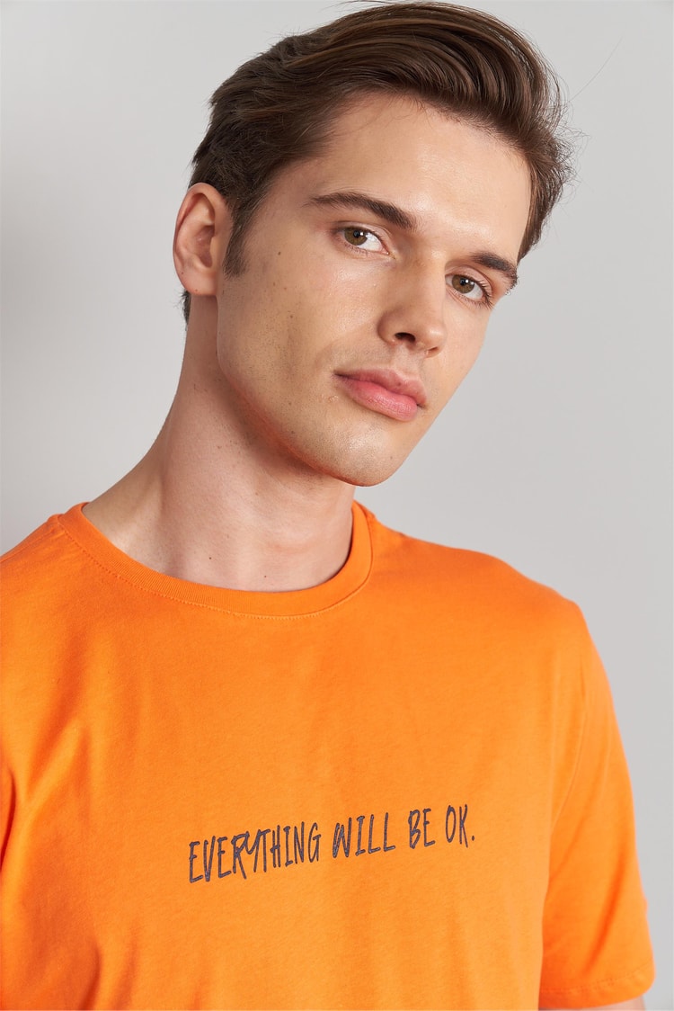 Çetinkaya Mentality 3234 Erkek Bisiklet Yaka Regular Baskılı T-Shirt Açık Turuncu