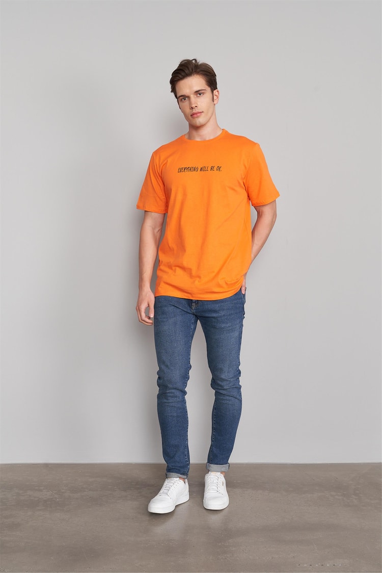 Çetinkaya Mentality 3234 Erkek Bisiklet Yaka Regular Baskılı T-Shirt Açık Turuncu