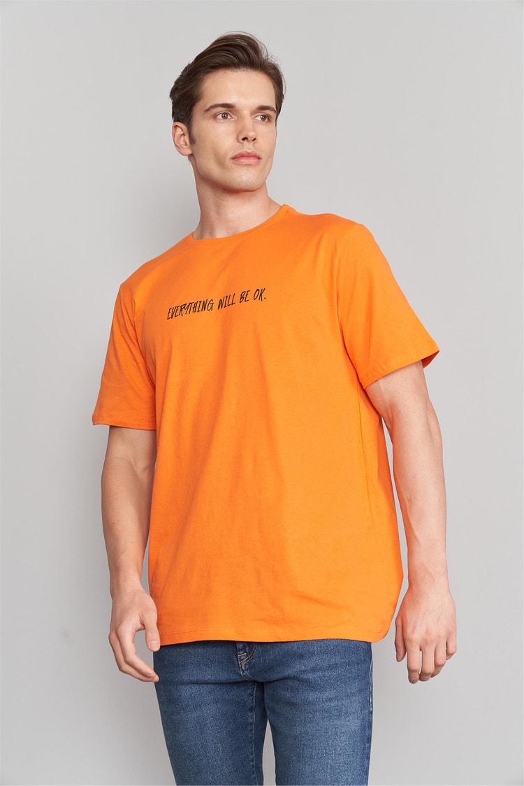 Çetinkaya Mentality 3234 Erkek Bisiklet Yaka Regular Baskılı T-Shirt Açık Turuncu