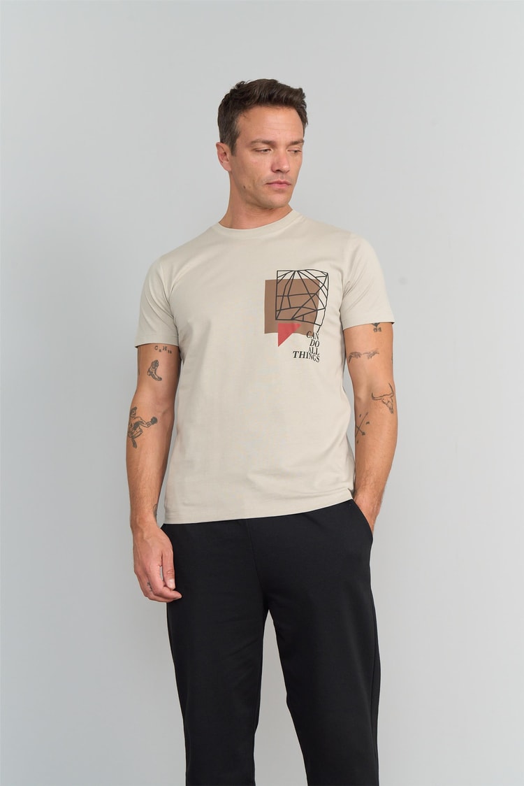 Çetinkaya Mentality 3272 Erkek Bisiklet Yaka Slim Fit T-Shirt Taş