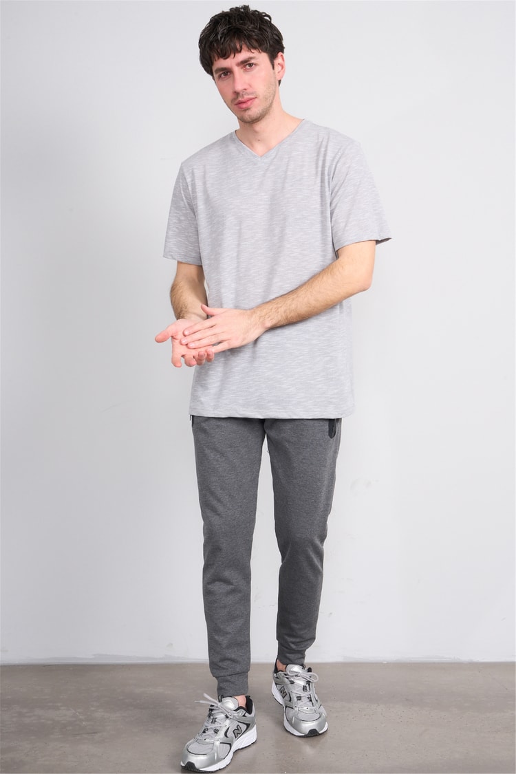 Çetinkaya Mentality 3447 V Yaka Flamlı Sıngle Jersey Regular T-shirt Gri