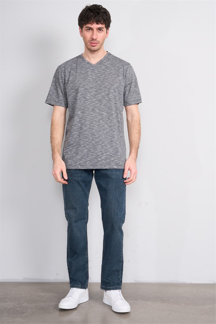 Çetinkaya Mentality 3447 V Yaka Flamlı Sıngle Jersey Regular T-shirt Siyah