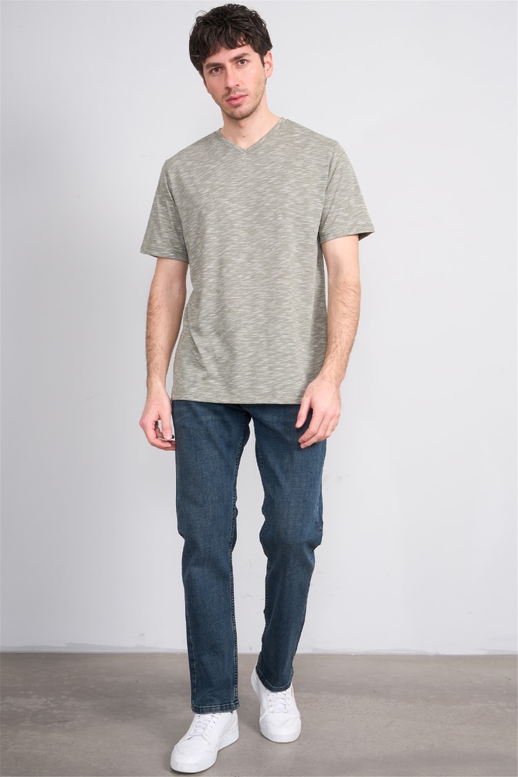 Çetinkaya Mentality 3447 V Yaka Flamlı Sıngle Jersey Regular T-shirt Haki