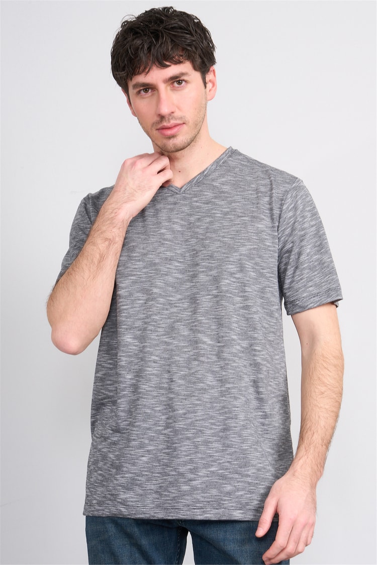 Çetinkaya Mentality 3447 V Yaka Flamlı Sıngle Jersey Regular T-shirt Siyah