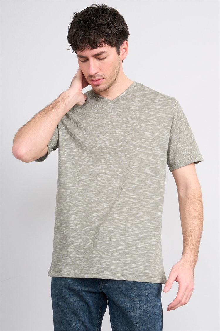 Çetinkaya Mentality 3447 V Yaka Flamlı Sıngle Jersey Regular T-shirt Haki