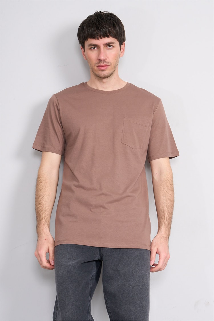 Çetinkaya Mentality 3713 Bisiklet Yaka Regular Cepli T-shirt Kakao