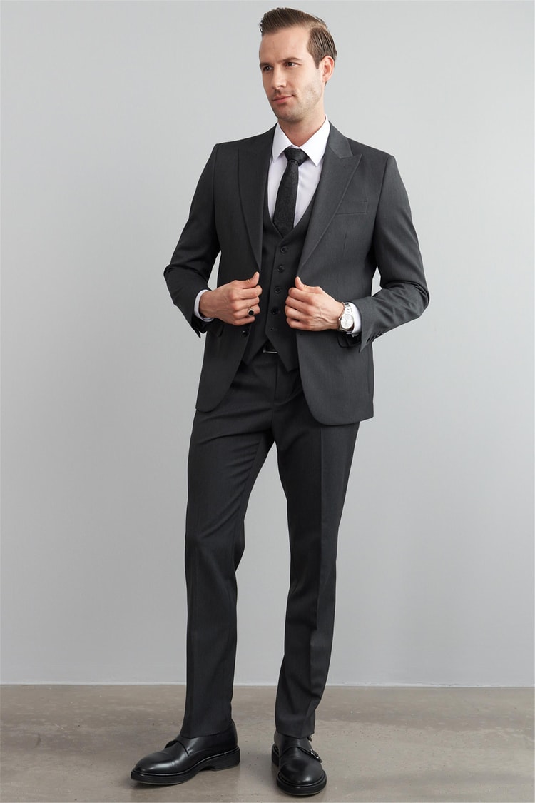 Çetinkaya Mentality 38 Yunter Loca Slim Fit Yelek Takım Elbise Füme