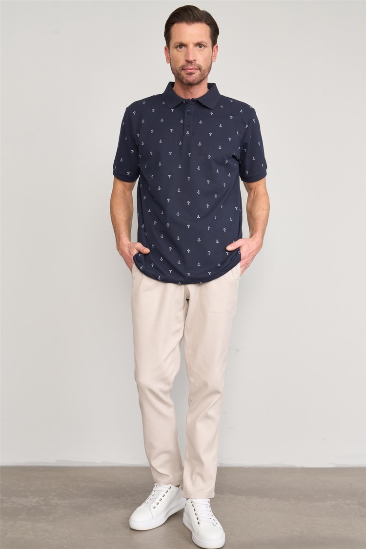 Çetinkaya Mentality 4132 Polo Yaka Rejenere Pike Metraj Baskı Regular T-Shirt Lacivert