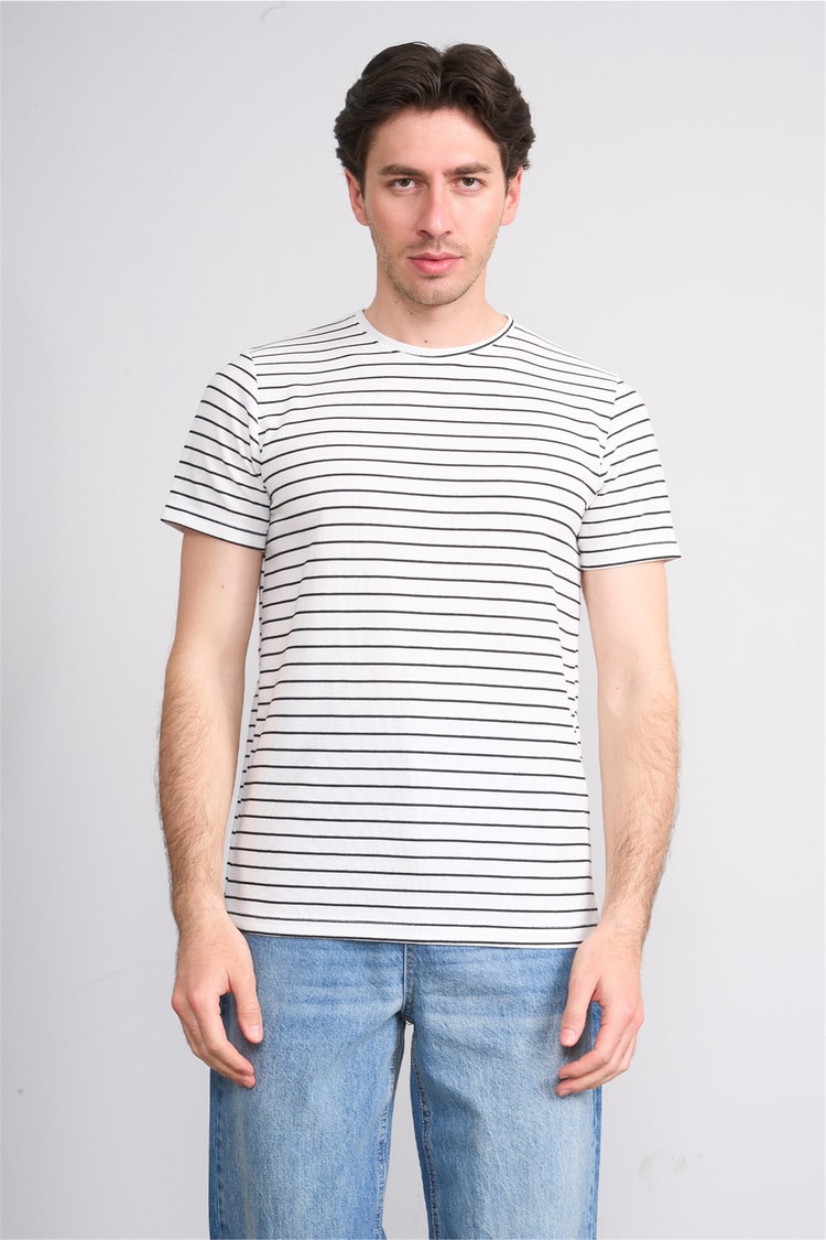 Çetinkaya Mentality 4540 Bisiklet Yaka Regular Çizgili T-shirt Beyaz