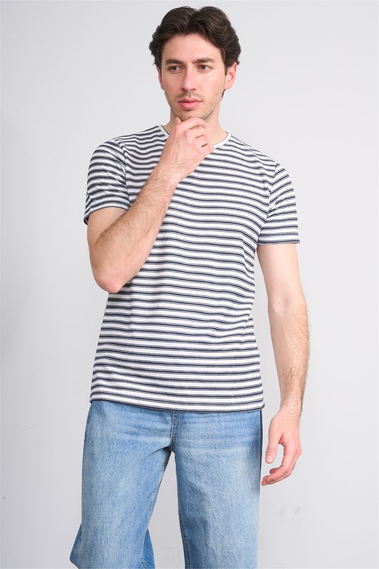 Çetinkaya Mentality 4541 Bisiklet Yaka Regular Çizgili T-shirt Beyaz
