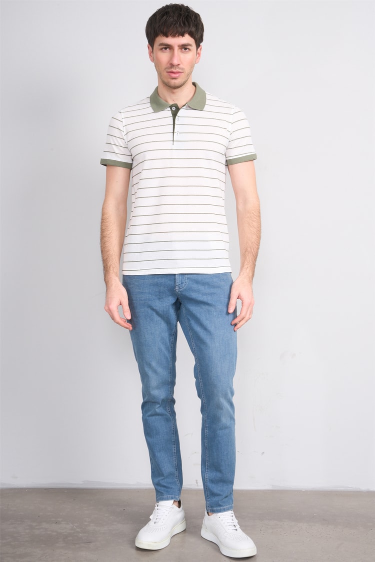 Çetinkaya Mentality 4553 Polo Yaka Regular Çizgili T-shirt Beyaz-Haki