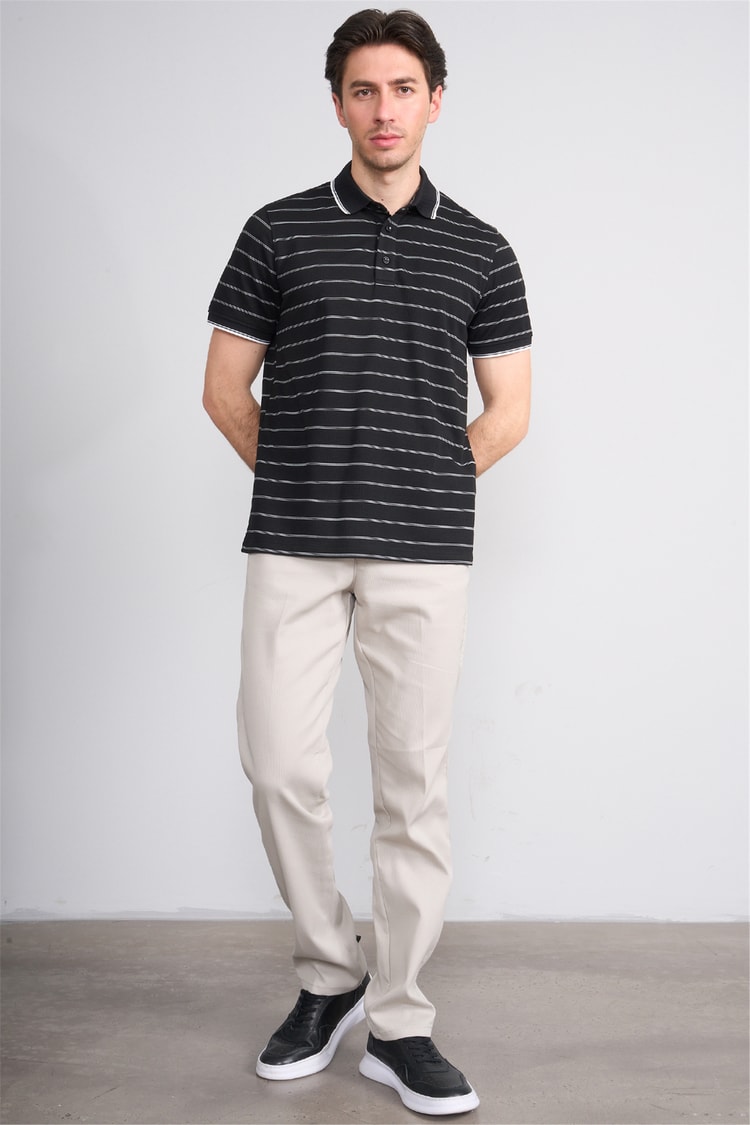 Çetinkaya Mentality 4557 Polo Yaka Regular Çizgili T-shirt Siyah-Beyaz